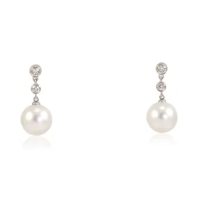 14K WHITE GOLD CULTURED PEARL AND DIAMOND DANGLE EARRINGS 0.16CTW