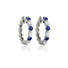 14K WHITE GOLD DIAMOND SAPPHIRE HOOP EARRINGS