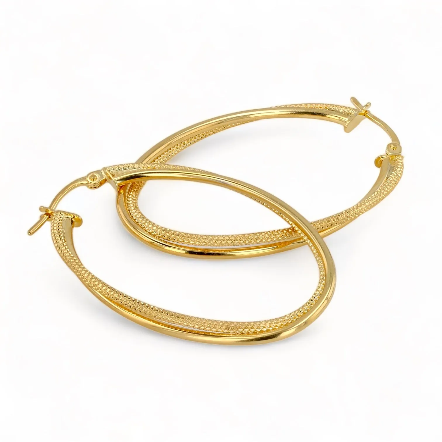 14K Yellow gold texture oval hoops earrings-0968 all