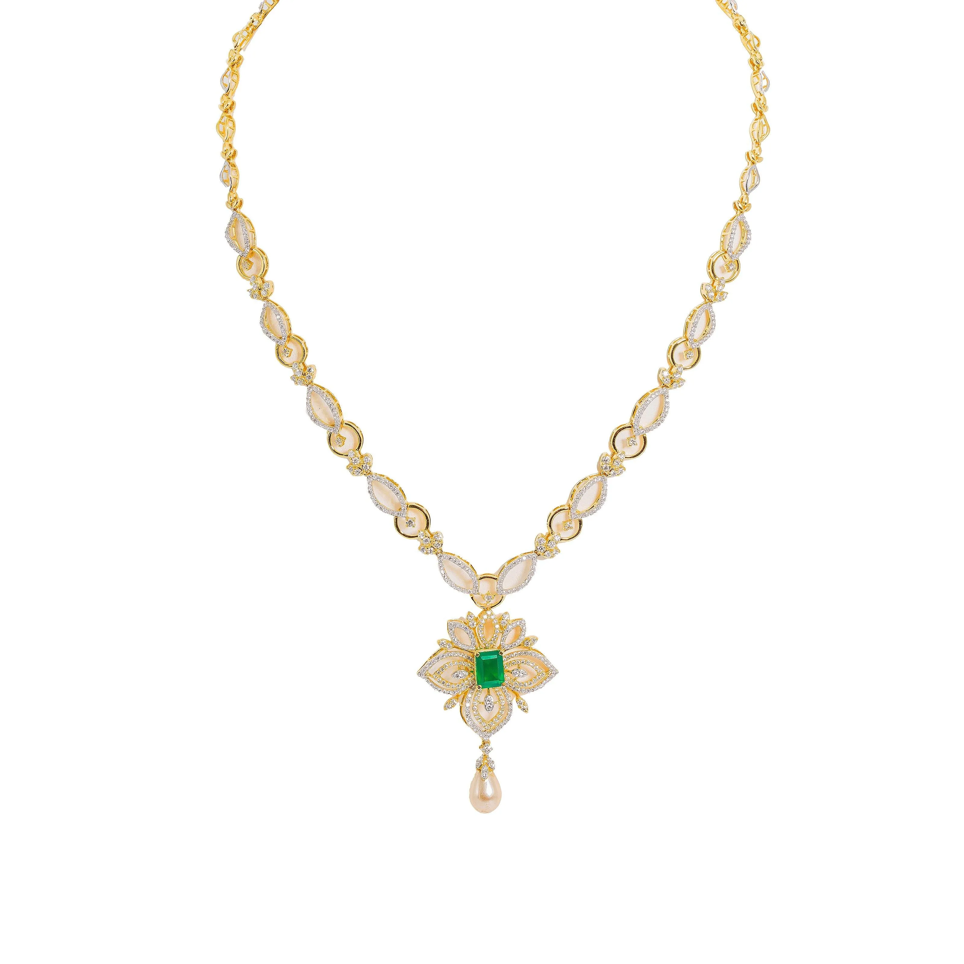 18K  Multi Tone Gold Diamond Necklace & Earrings Set W/ VVS Diamonds, Rubies, Emeralds, Pearls & Lotus Flower Pendant