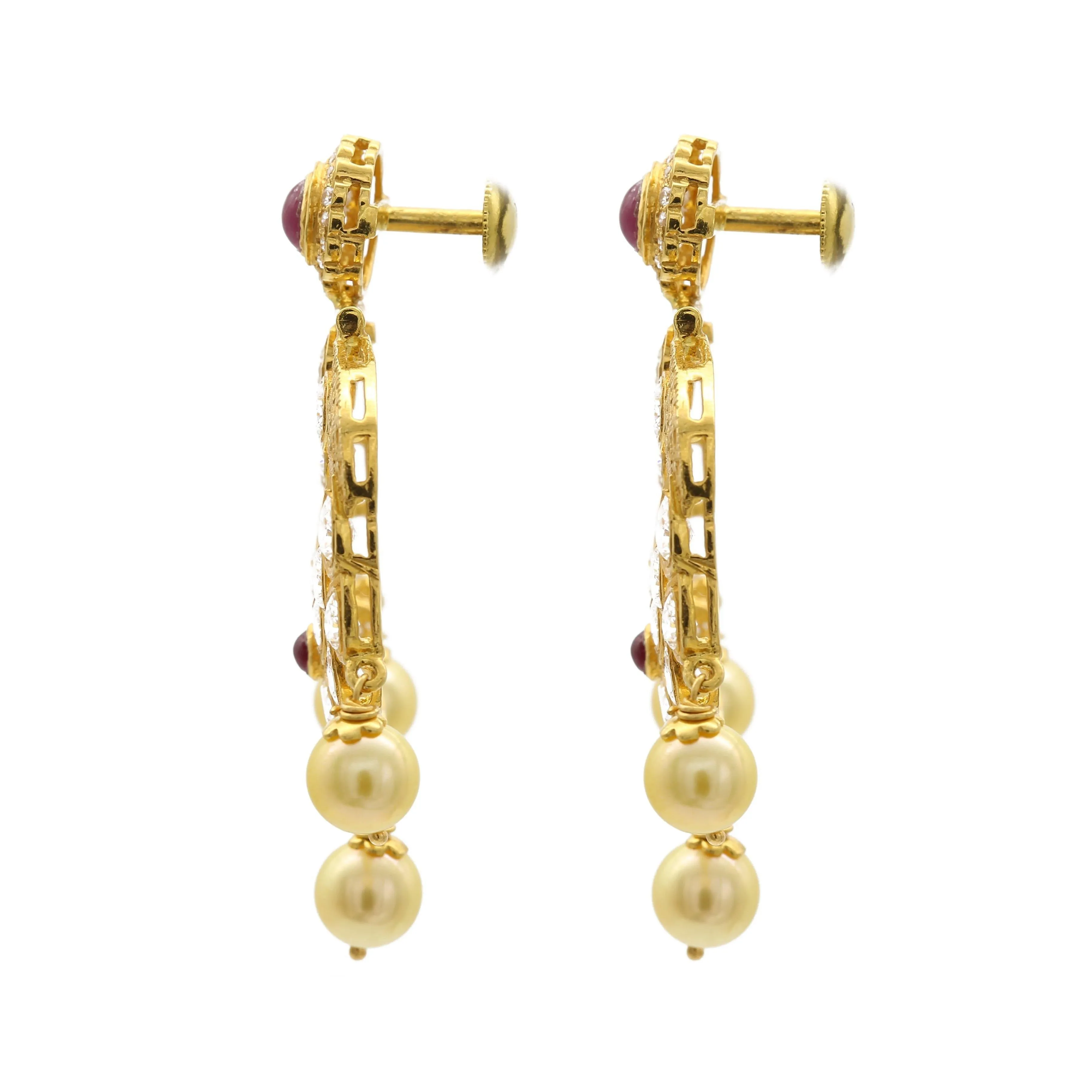 22K Antique Textured Gold Dangle Earrings W/ Rubies, Cubic Zirconia, & Pearls