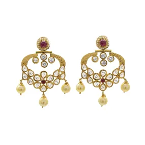 22K Antique Textured Gold Dangle Earrings W/ Rubies, Cubic Zirconia, & Pearls