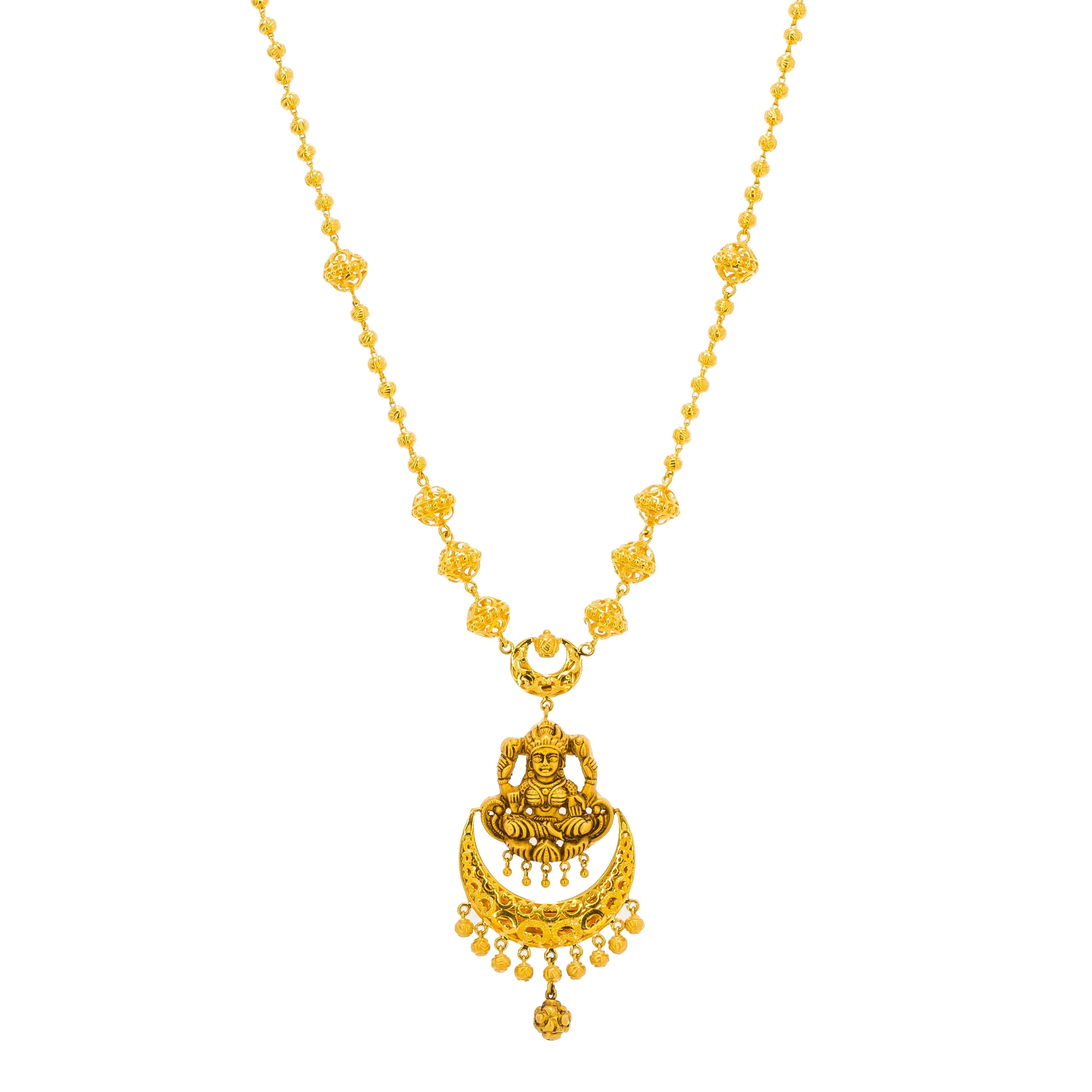 22K Yellow Gold Antique Necklace & Jhumki Earrings Set W/ Laxmi Pendant