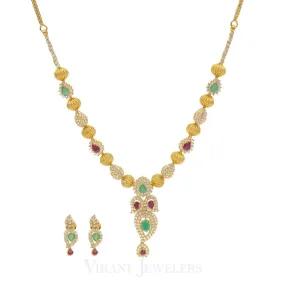 22K Yellow Gold Beaded Necklace & Earrings W/ Cubic Zirconia, Ruby, & Emerald Stones