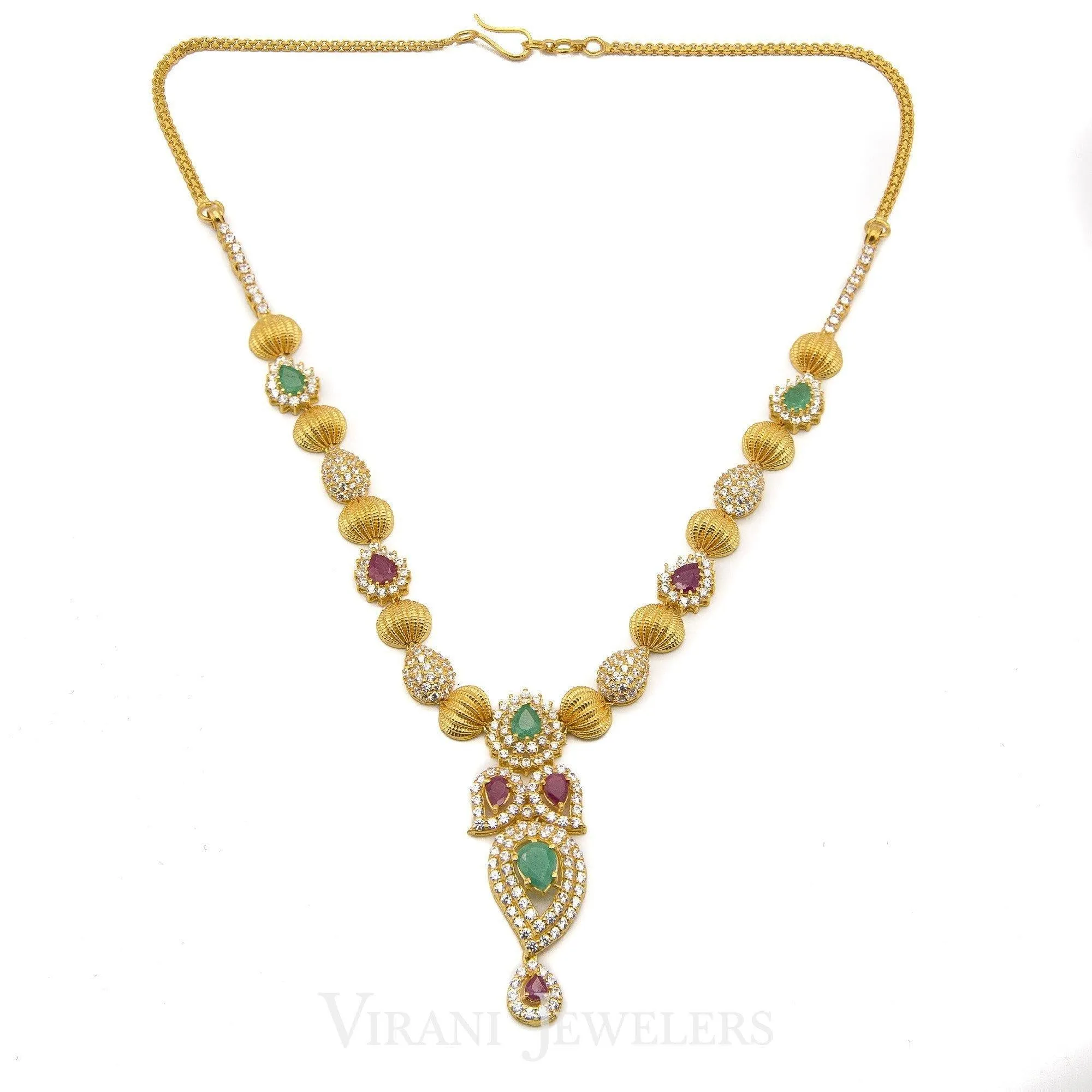 22K Yellow Gold Beaded Necklace & Earrings W/ Cubic Zirconia, Ruby, & Emerald Stones