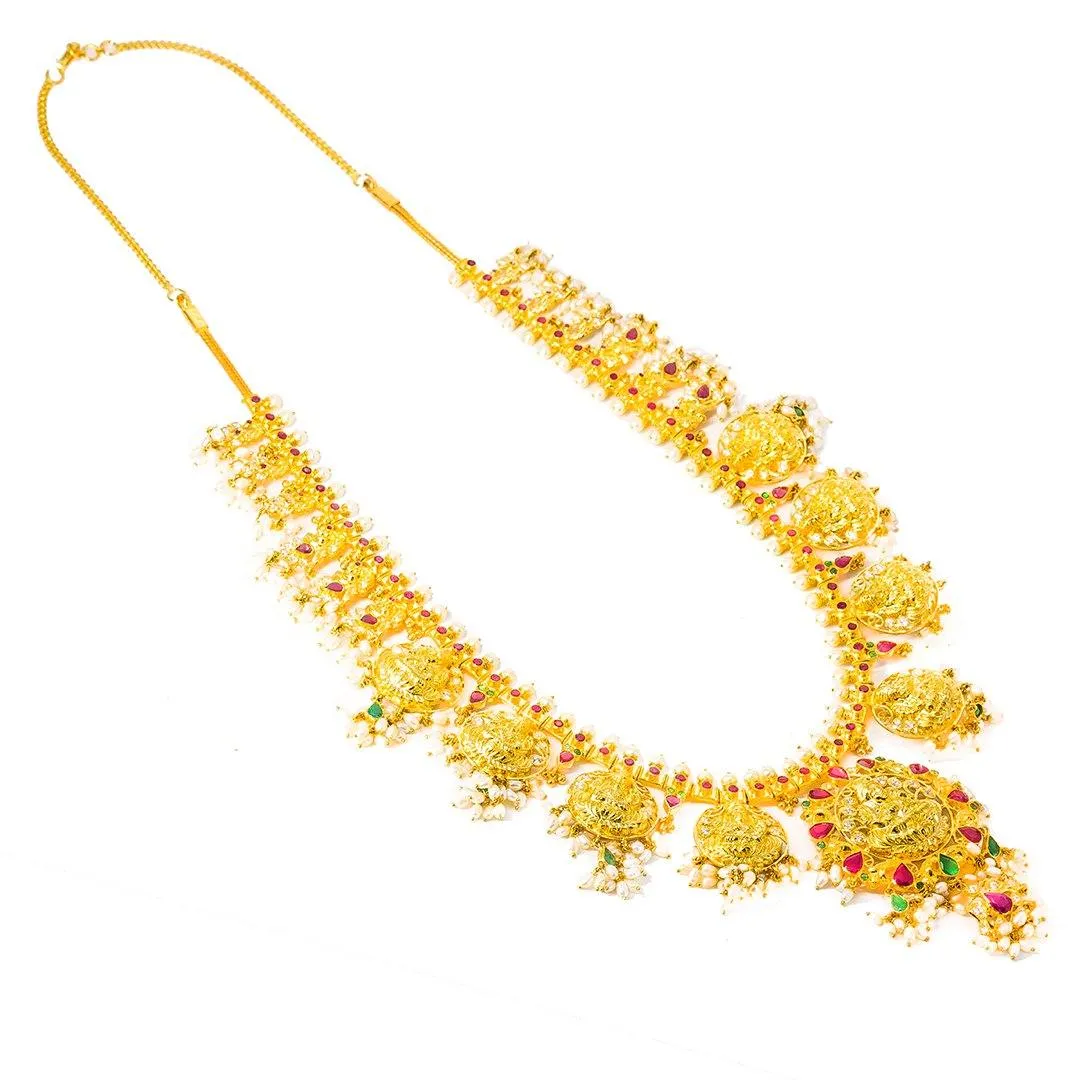 22K Yellow Gold Temple Guttapusalu Necklace Set W/ Emeralds, Rubies, CZ Gems, Pearls & Laxmi Kasu