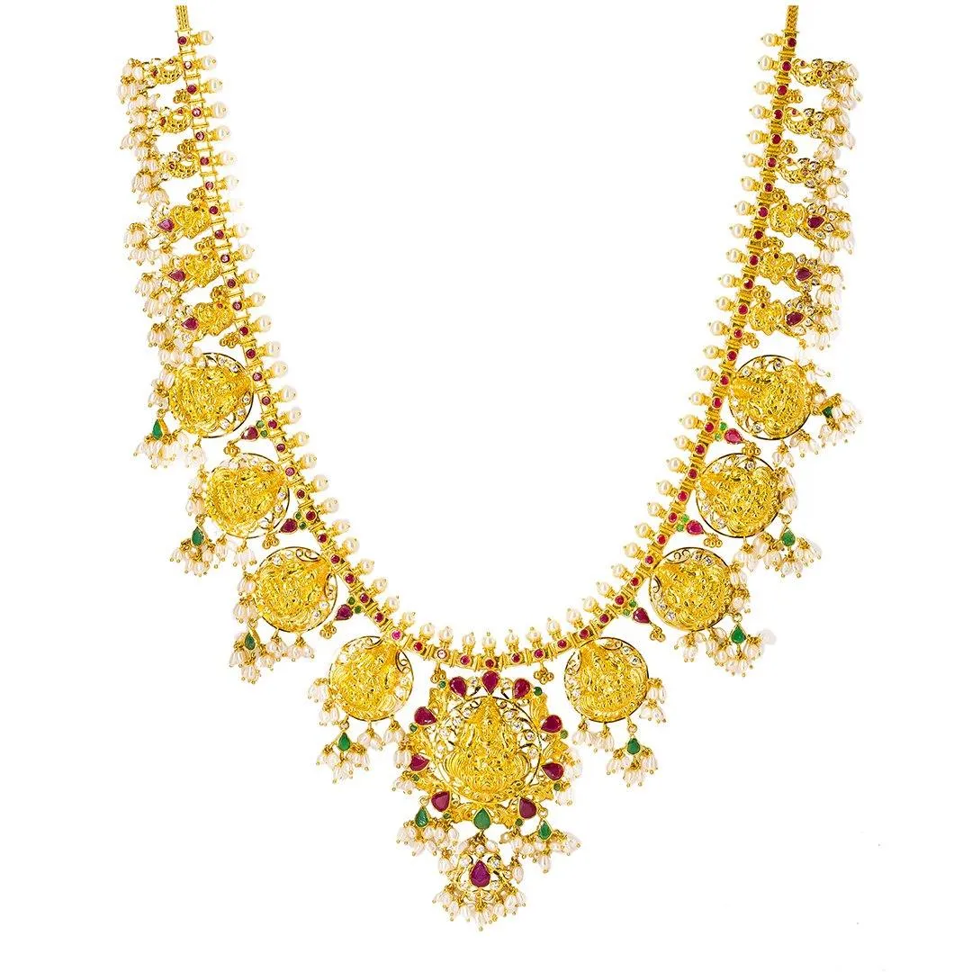 22K Yellow Gold Temple Guttapusalu Necklace Set W/ Emeralds, Rubies, CZ Gems, Pearls & Laxmi Kasu