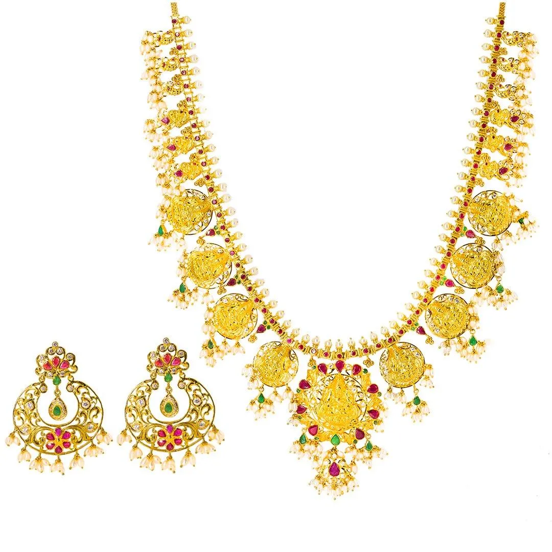 22K Yellow Gold Temple Guttapusalu Necklace Set W/ Emeralds, Rubies, CZ Gems, Pearls & Laxmi Kasu