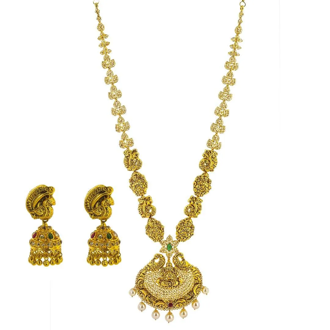 22K Yellow Gold Uncut Diamond Laxmi Necklace & Jhumki Earrings Set W/ 12.05ct Uncut Diamonds, Rubies, Emeralds & Drop Pearls