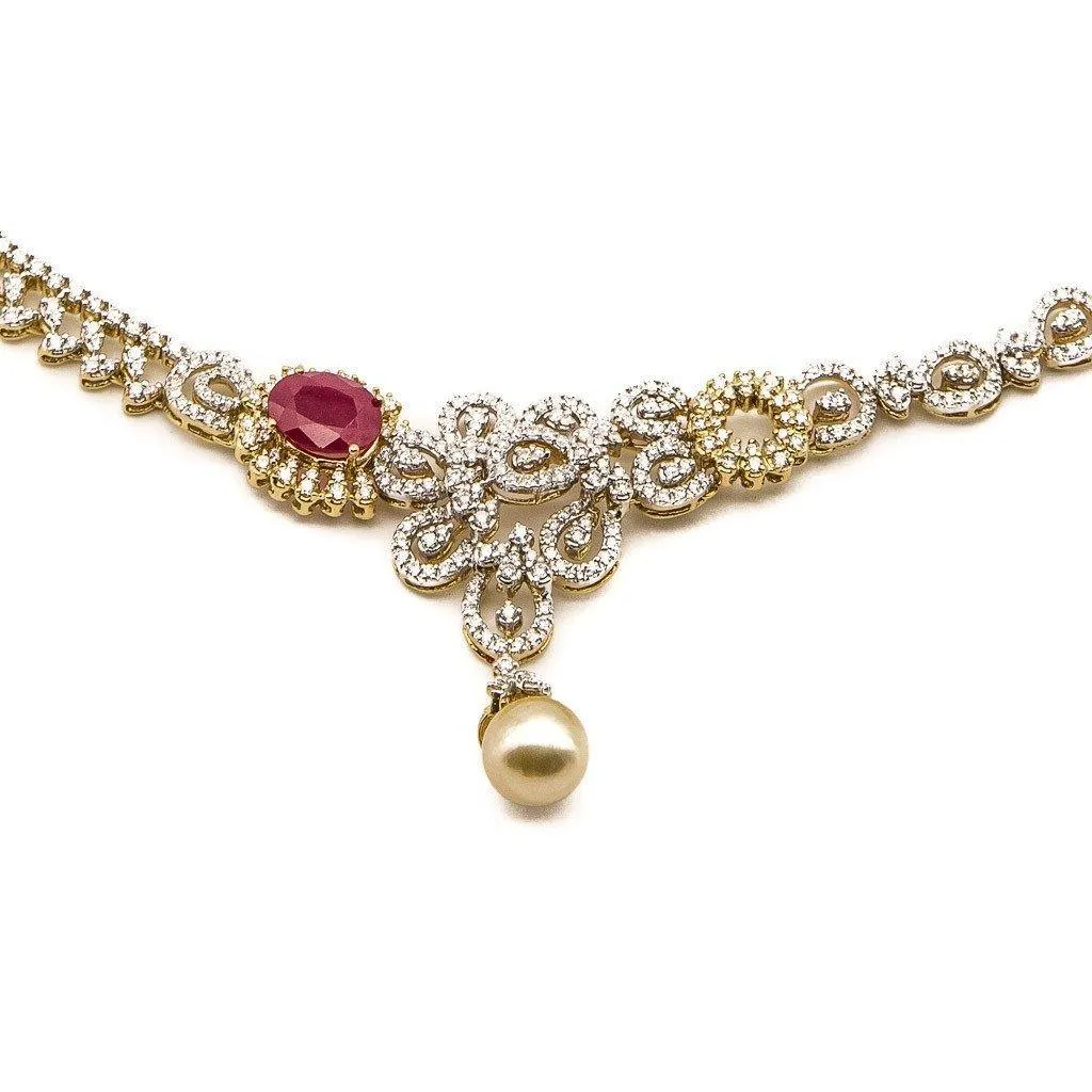 5.8CT Diamond Asymmetric Necklace and Earrings Set In 18K Yellow Gold W/ Pearl & Ruby Accent