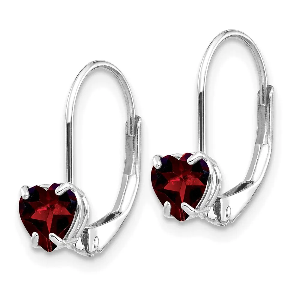 5mm Heart Garnet Leverback Earrings in 14k White Gold