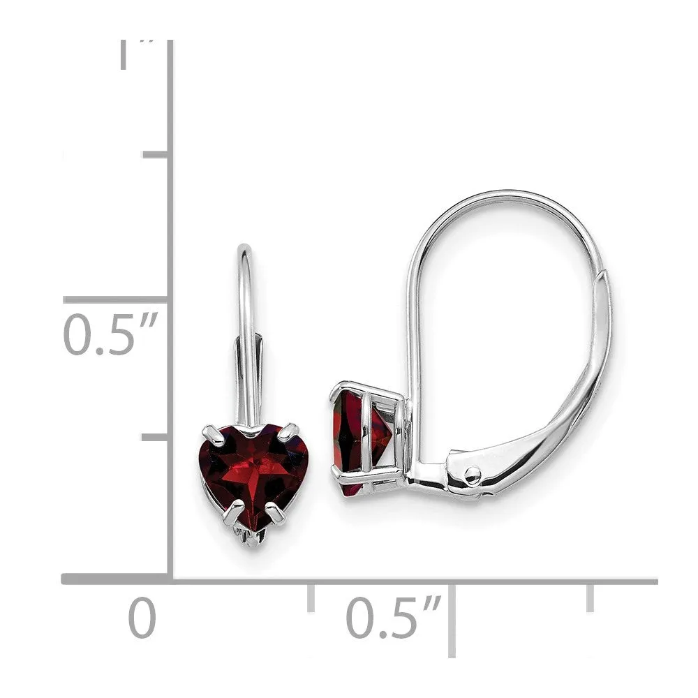 5mm Heart Garnet Leverback Earrings in 14k White Gold