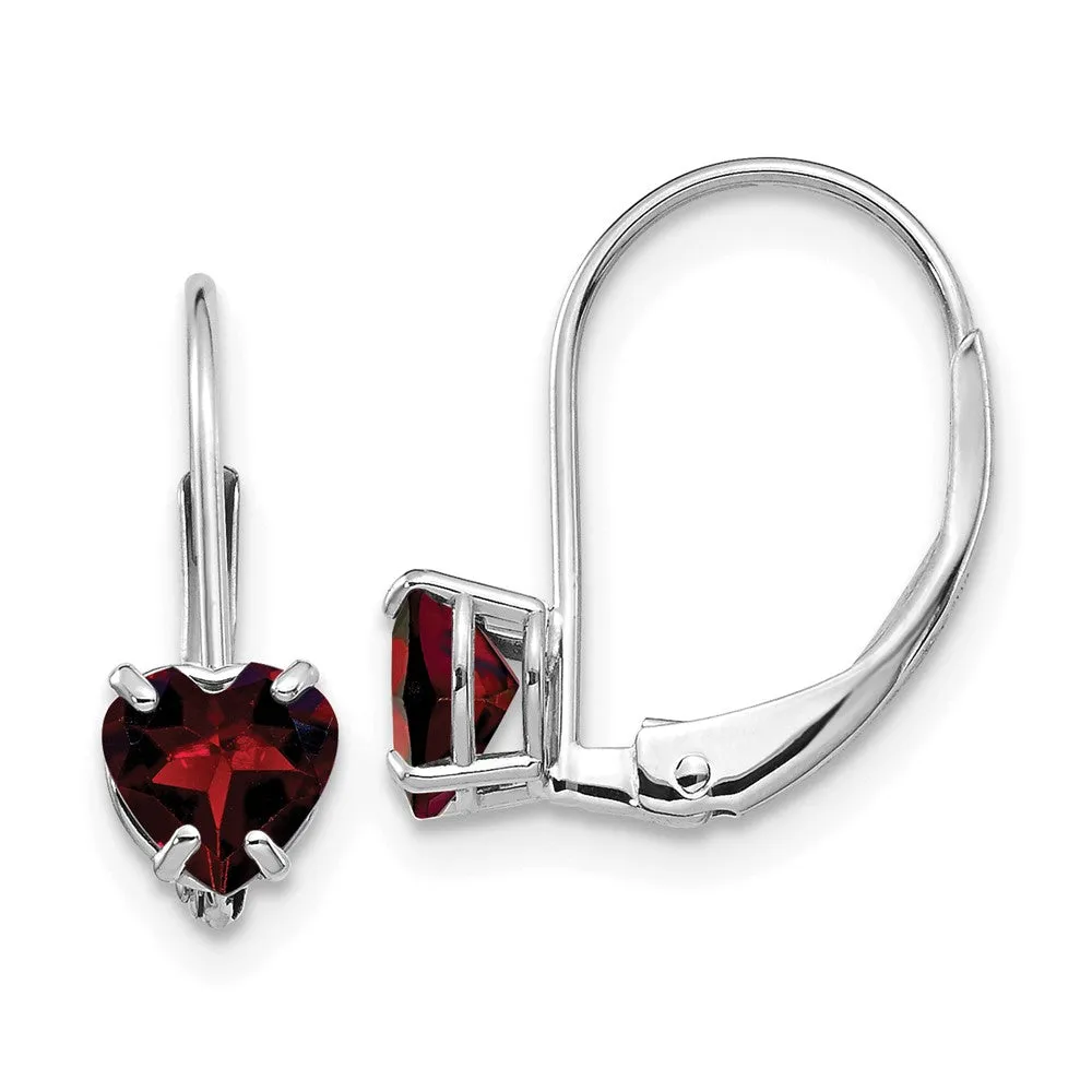 5mm Heart Garnet Leverback Earrings in 14k White Gold