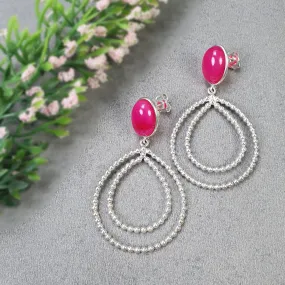 925 Sterling Silver Earring 2.5" Pink Rhinestone Fancy Silver Round Beads Bezel Set Push Back Fashion Hoop Earring Gift For Her