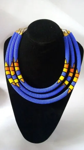 African Zulu Blue beaded layered necklace, Maasai jewelry