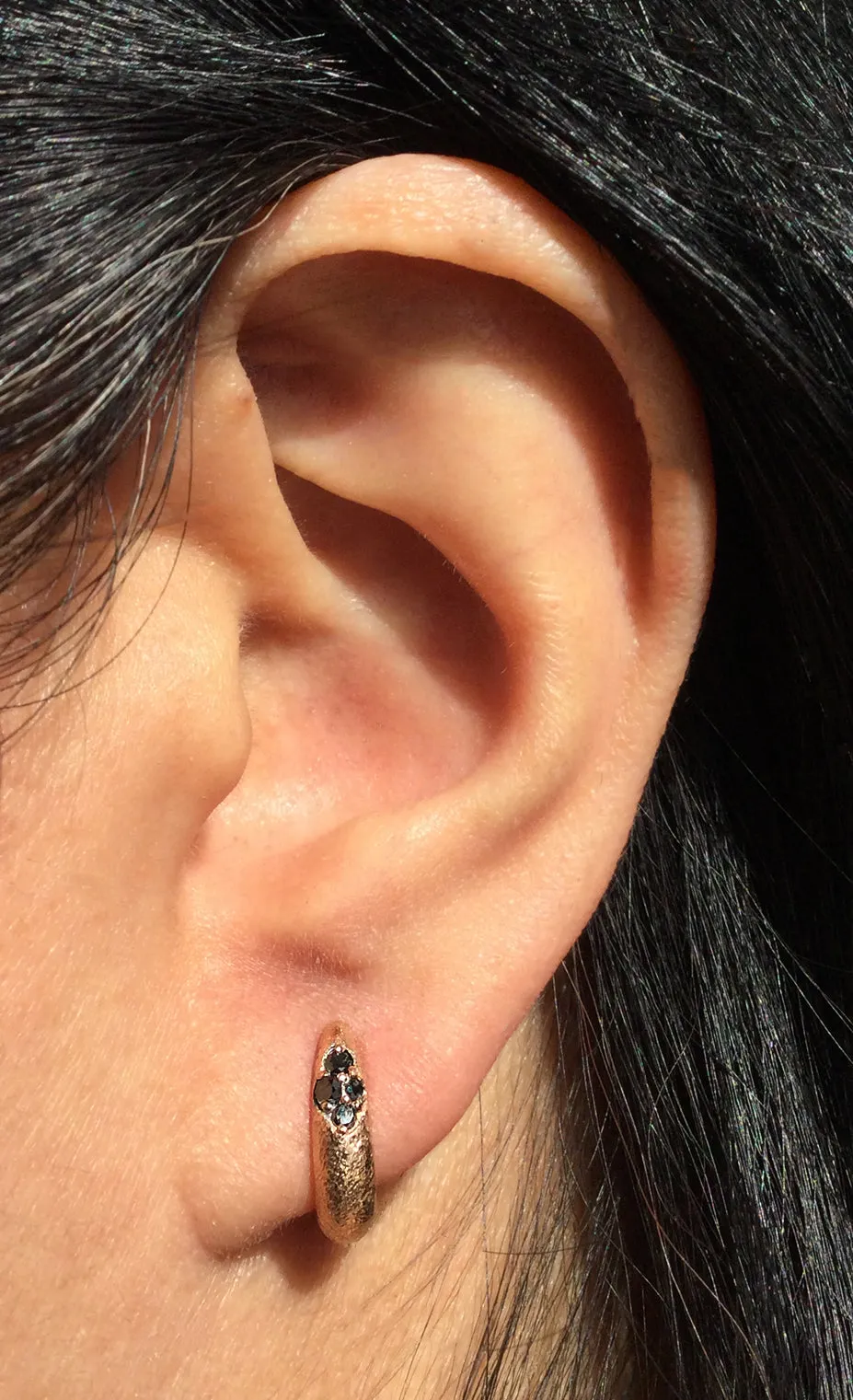 Ancient Hinged Hoop Earrings in rose gold with black diamonds