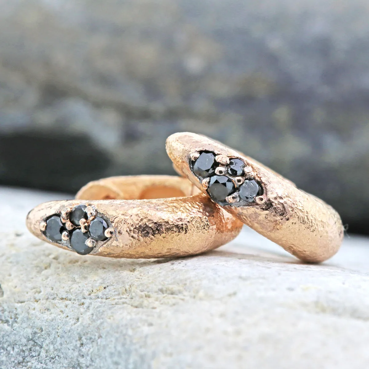 Ancient Hinged Hoop Earrings in rose gold with black diamonds