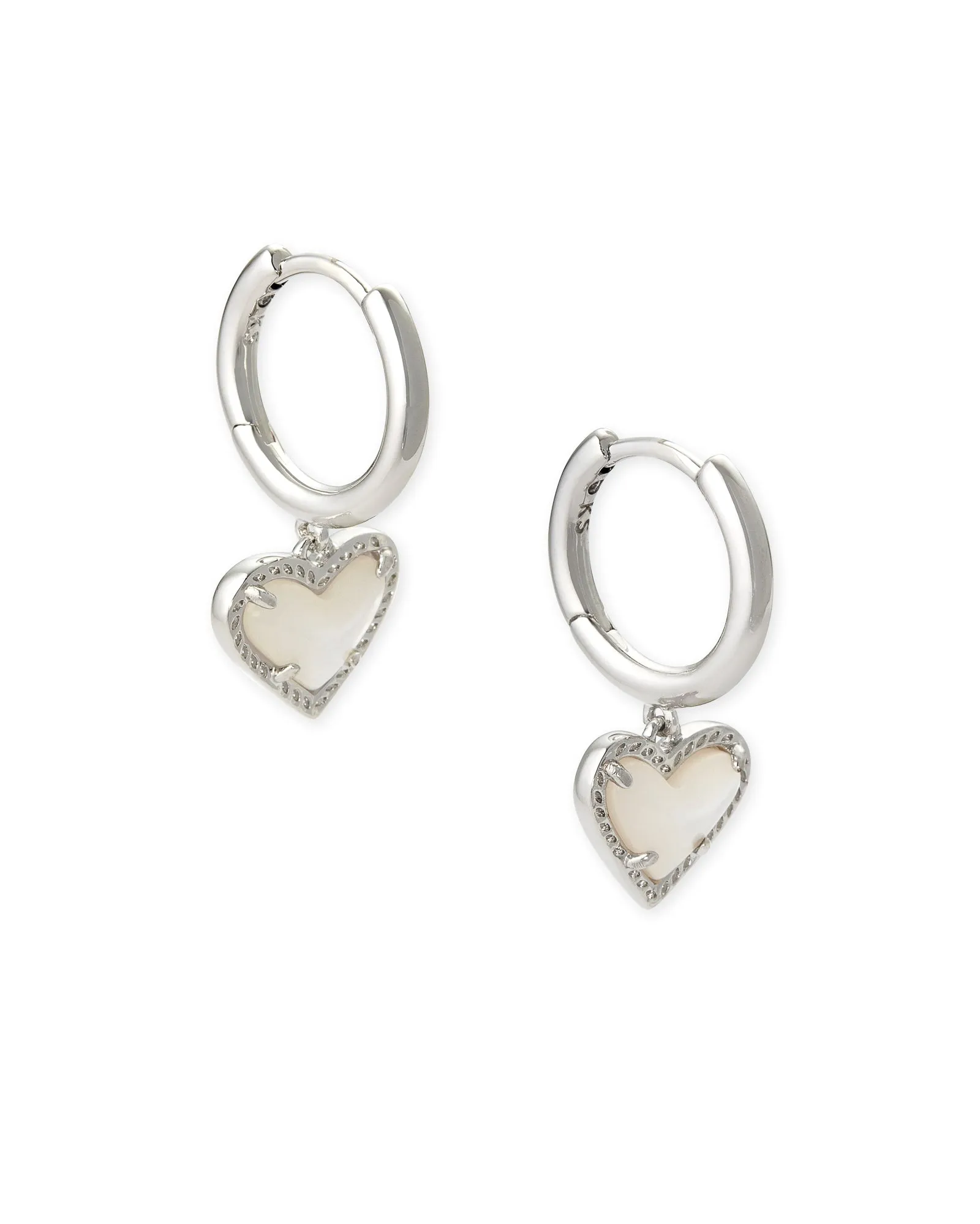 Ari Heart Huggie Earrings in Rhodium Ivory Mother of Pearl by Kendra Scott