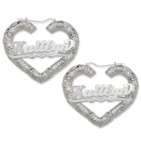 Better Jewelry Heart Bamboo Silver Hoops with Personalized Name