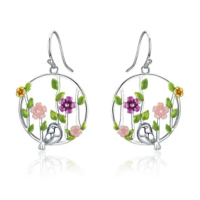 Blooming Forest with a Bird 925 Sterling Silver Drop Earrings