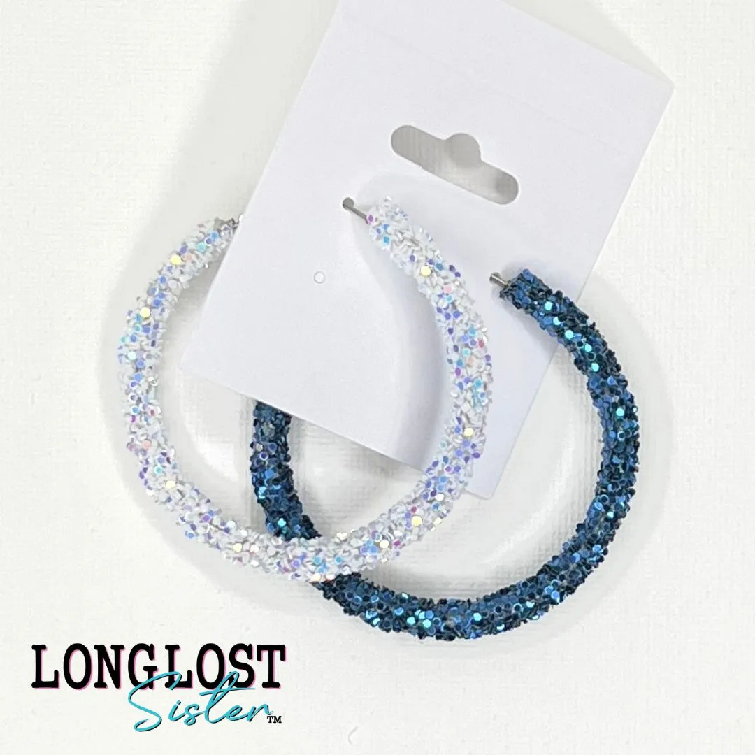 Blue and White Iridescent Glitter Hoop Earrings