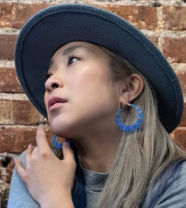 Blue Lucite Bamboo Hoop Earrings