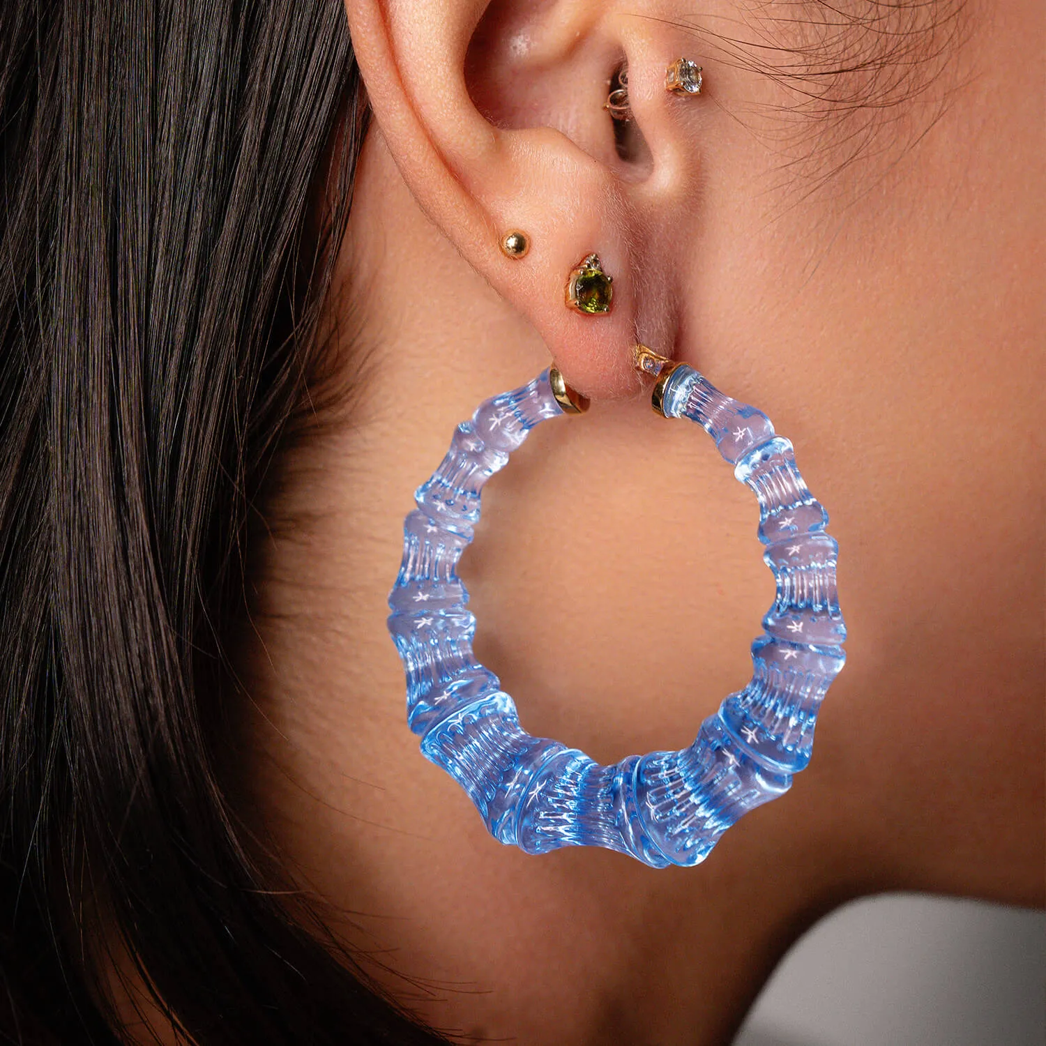 Blue Lucite Bamboo Hoop Earrings