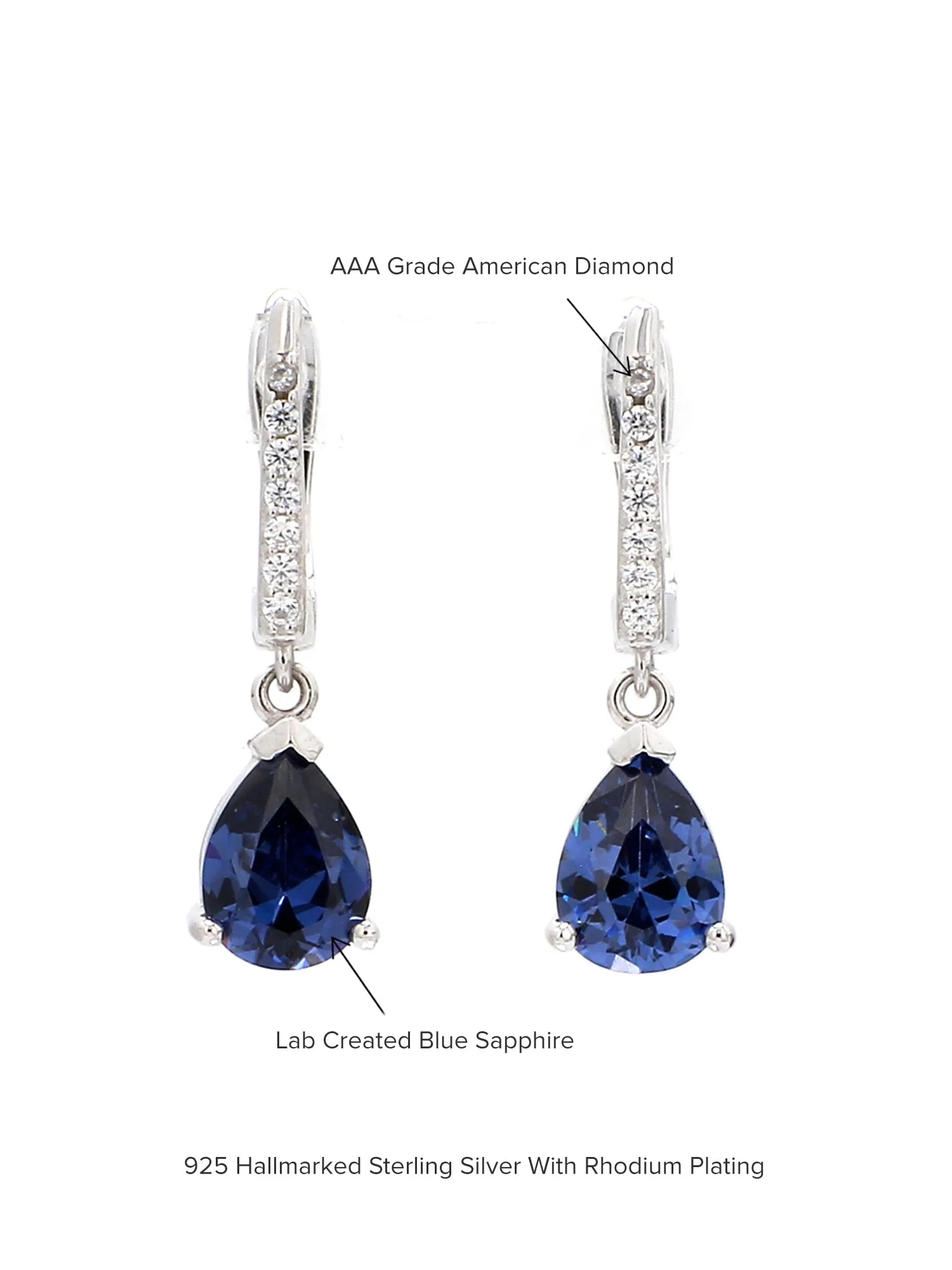 Blue Sapphire And American Diamond Dangle Earrings Made With 925 Sterling Silver