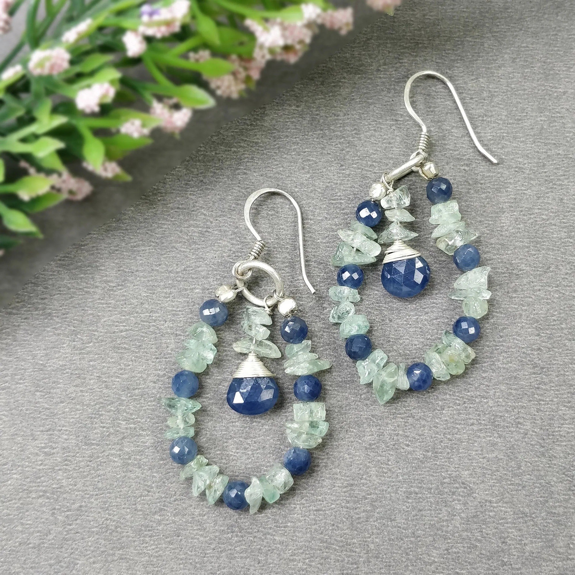 BLUE SAPPHIRE And EMERALD Uncut Gemstone Beaded Earrings : 8.05gms Natural 925 Sterling Silver Drop Dangle Hook Earrings 2.15"