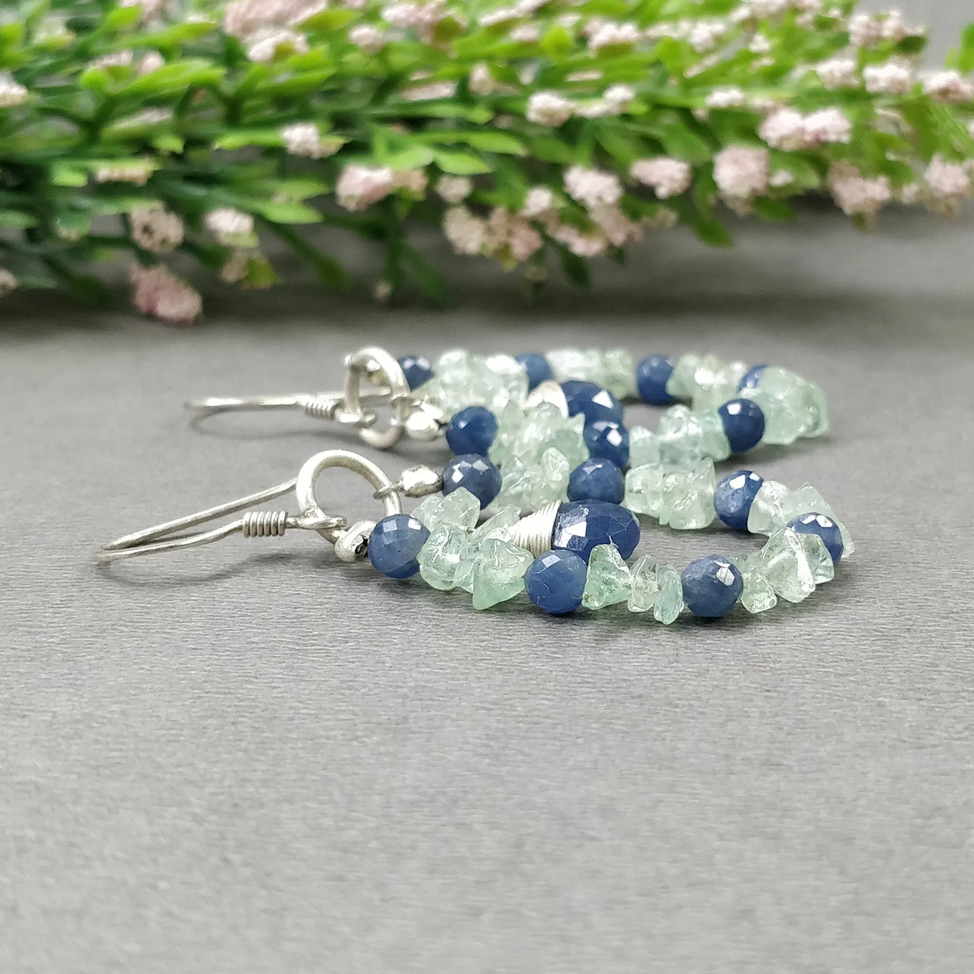 BLUE SAPPHIRE And EMERALD Uncut Gemstone Beaded Earrings : 8.05gms Natural 925 Sterling Silver Drop Dangle Hook Earrings 2.15"