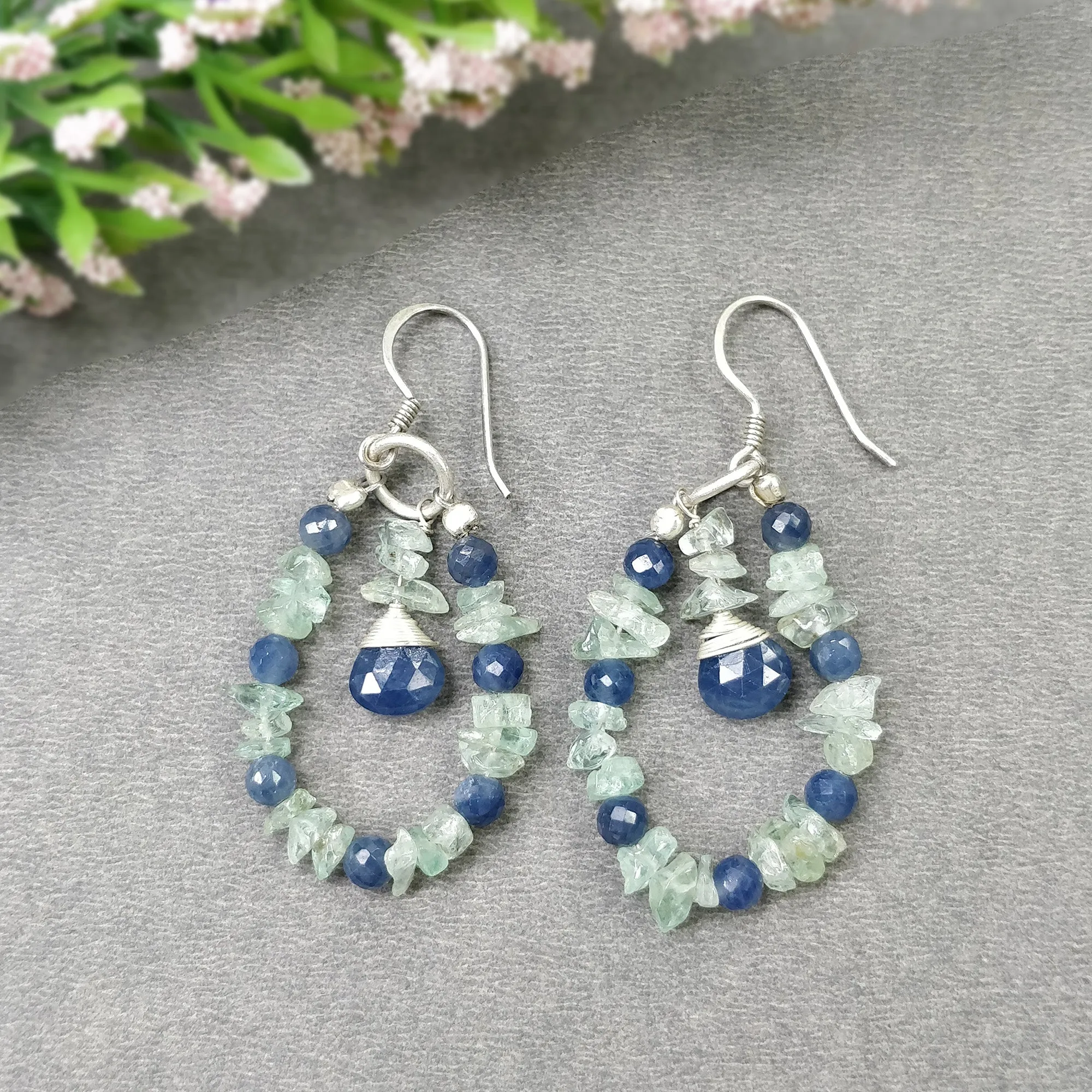 BLUE SAPPHIRE And EMERALD Uncut Gemstone Beaded Earrings : 8.05gms Natural 925 Sterling Silver Drop Dangle Hook Earrings 2.15"