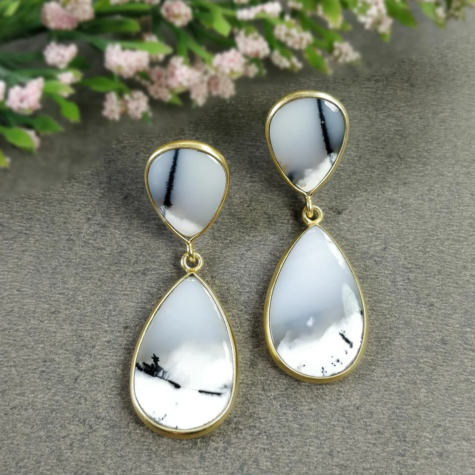 BOTSWANA AGATE Gemstone Earrings : 10.65gms Natural 925 Sterling Silver Gold Plated Bezel Set Drop Dangle Push Back Earring 2"