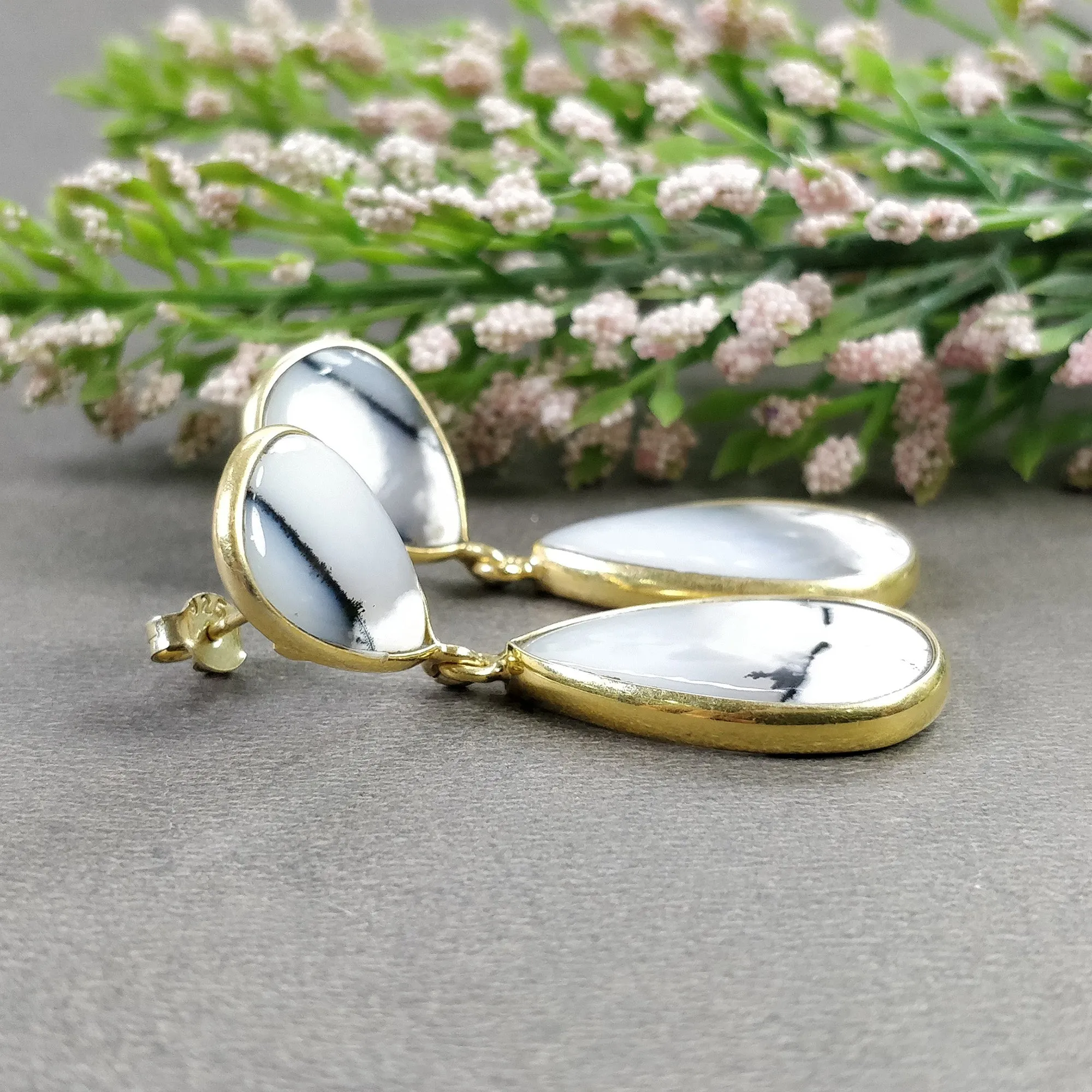 BOTSWANA AGATE Gemstone Earrings : 10.65gms Natural 925 Sterling Silver Gold Plated Bezel Set Drop Dangle Push Back Earring 2"