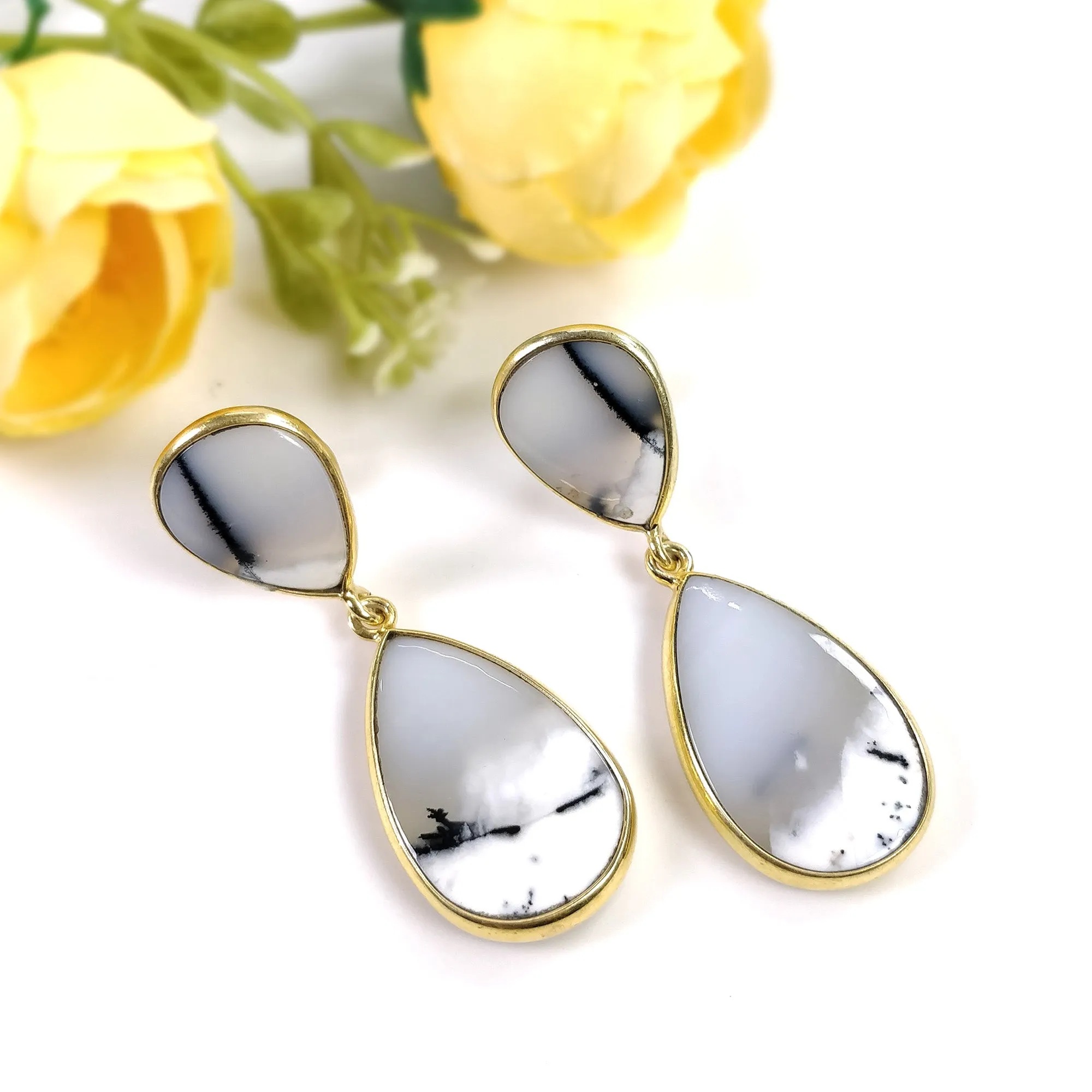 BOTSWANA AGATE Gemstone Earrings : 10.65gms Natural 925 Sterling Silver Gold Plated Bezel Set Drop Dangle Push Back Earring 2"