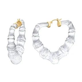 Clear Lucite Heart Bamboo Hoop Earrings