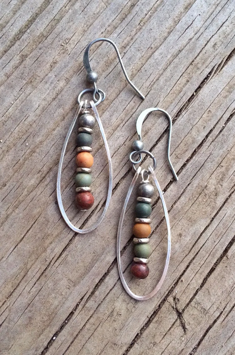 Colorful stone earrings, silver hoop earrings, silver dangle hoop earrings