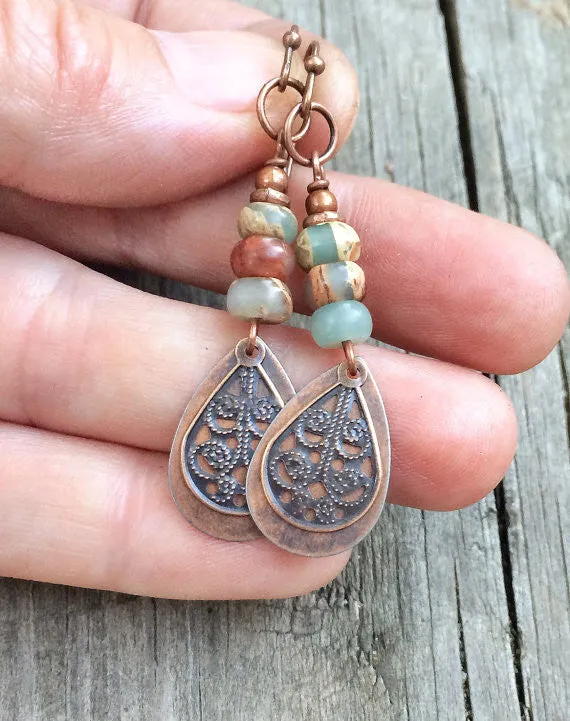 Copper drop earrings, African Opal earrings, copper jewelry