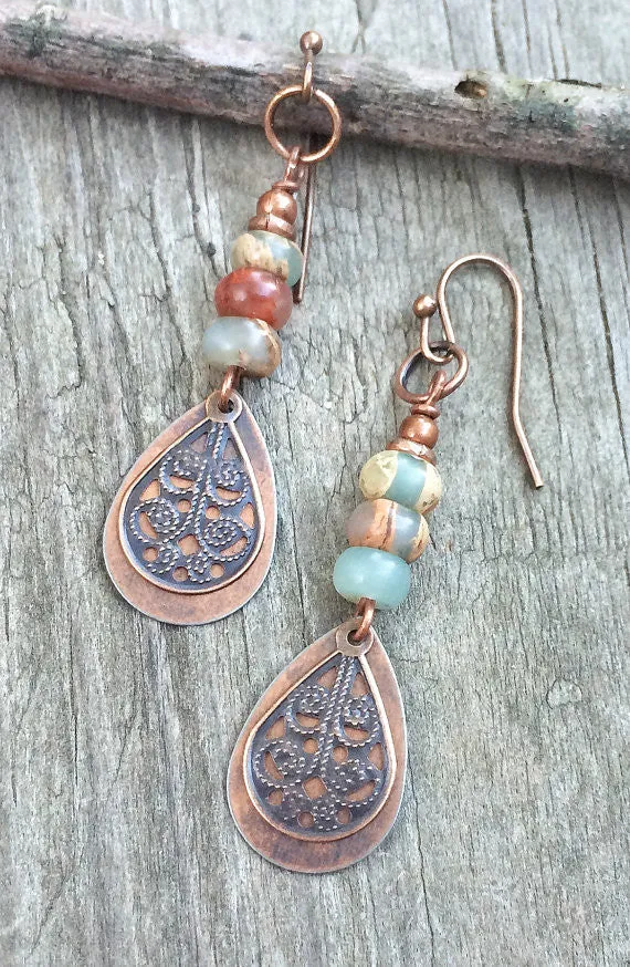 Copper drop earrings, African Opal earrings, copper jewelry