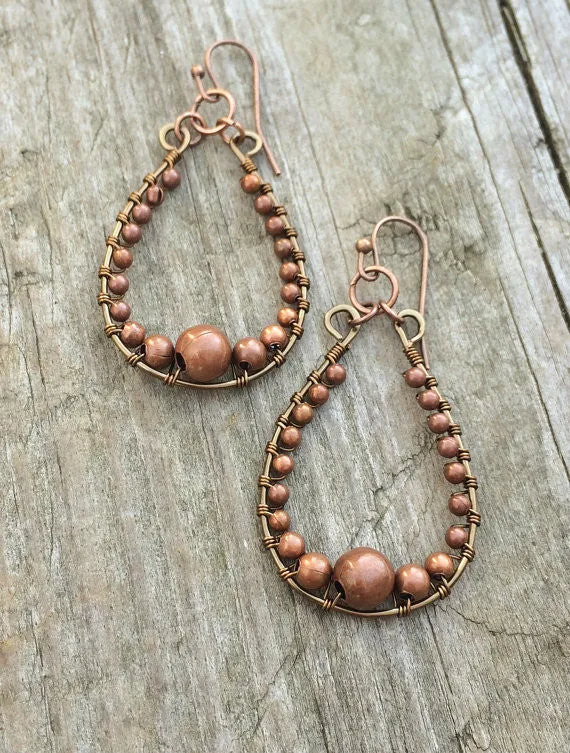 Copper Hoop Earrings, Wire Wrapped Copper Jewelry