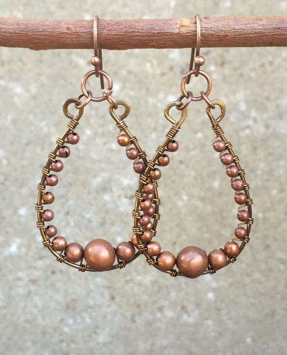 Copper Hoop Earrings, Wire Wrapped Copper Jewelry