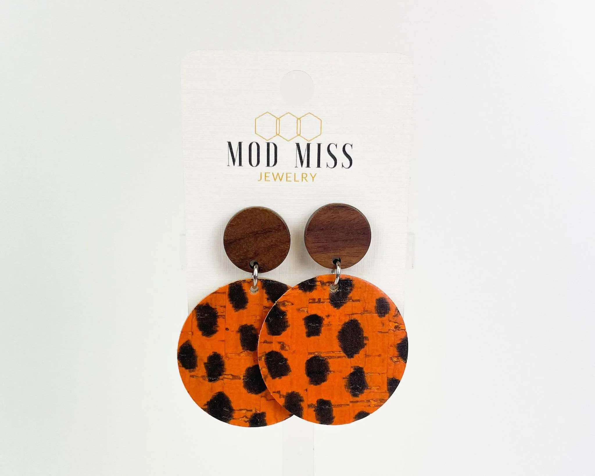 Cork Leather Round Earring in Leopard Halloween with Wood Stud