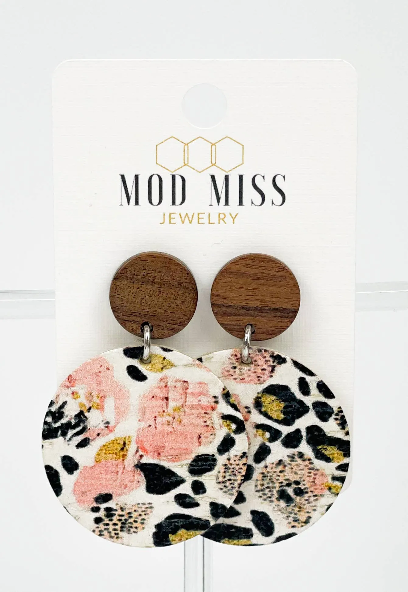 Cork Leather Round Earring in Leopard Pansy with Wood Stud