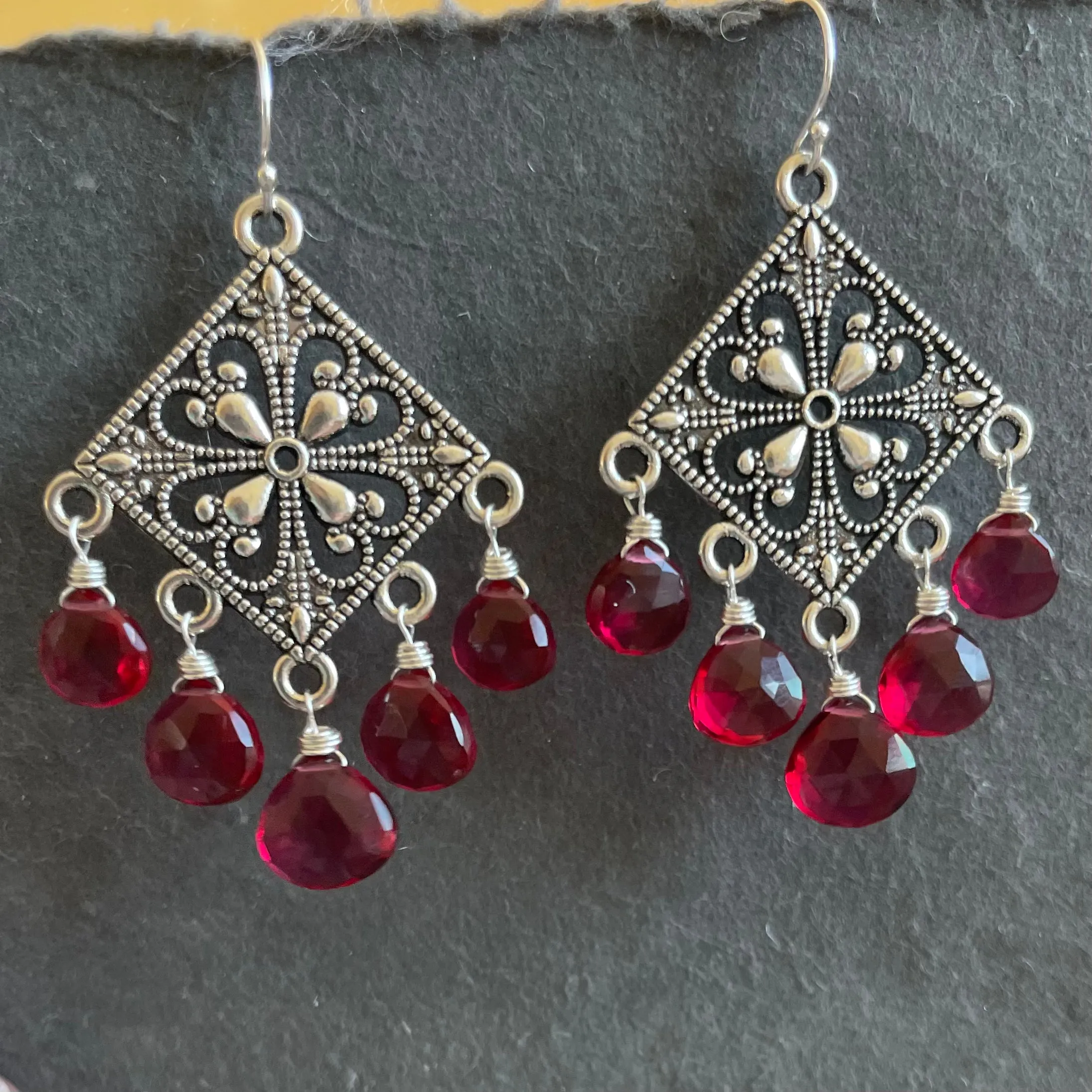 Cranberry Filigree Chandelier Earrings, OOAK