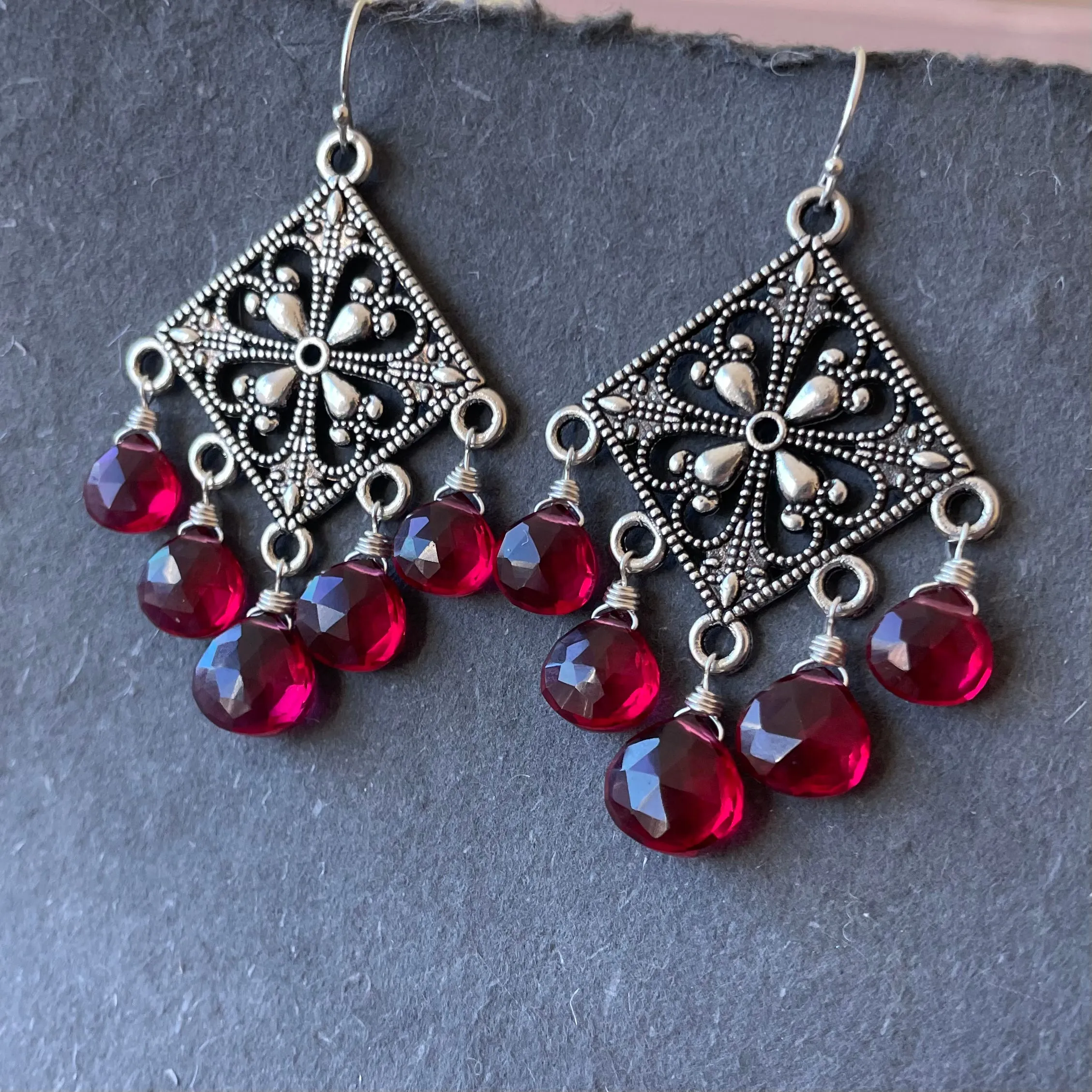 Cranberry Filigree Chandelier Earrings, OOAK