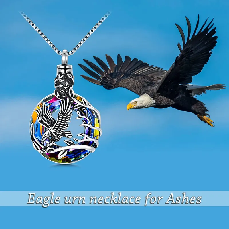 Cremation Jewelry Sterling Silver Eagle Urn Necklace for Ashes with Blue Circle Crystal Memorial Keepsake w/Funnel Filler Memorial Jewelry