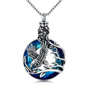 Cremation Jewelry Sterling Silver Eagle Urn Necklace for Ashes with Blue Circle Crystal Memorial Keepsake w/Funnel Filler Memorial Jewelry