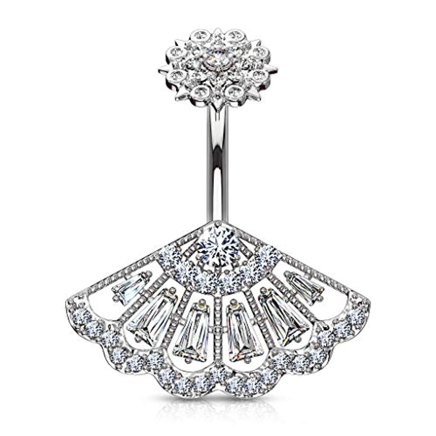 CZ Paved Vintage Fan with Internally Threaded CZ Paved Filigree Top 316L Surgical Steel WildKlass Belly Button Rings