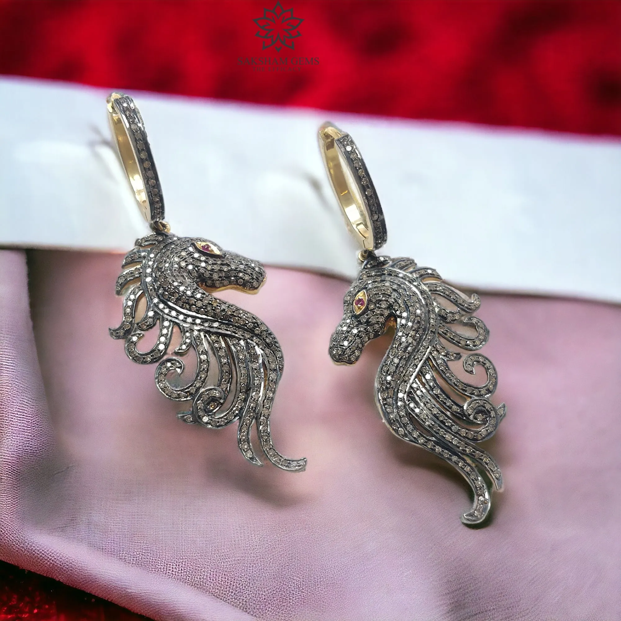 DIAMOND & RUBY Gemstone Earring : 14.00gms Natural Drop Dangle 925 Sterling Silver And Gold Hoop Wire Lock Pave Set Horse Face Earring 2.5"