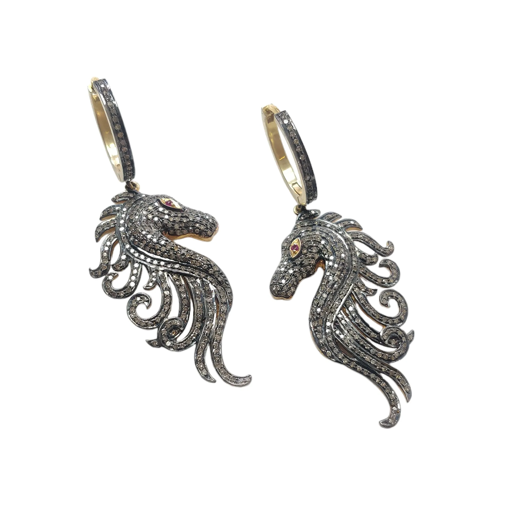 DIAMOND & RUBY Gemstone Earring : 14.00gms Natural Drop Dangle 925 Sterling Silver And Gold Hoop Wire Lock Pave Set Horse Face Earring 2.5"