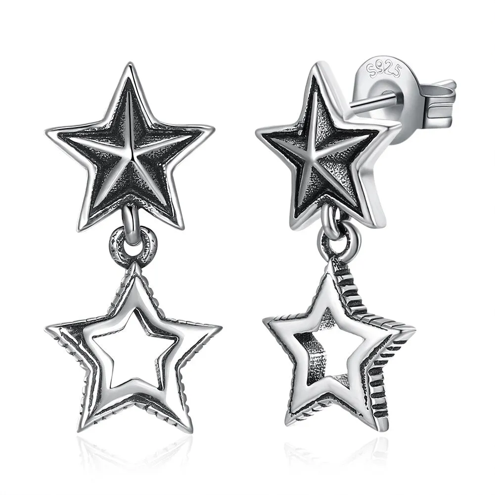 Double Star 925 Sterling Silver Vintage Drop Earrings